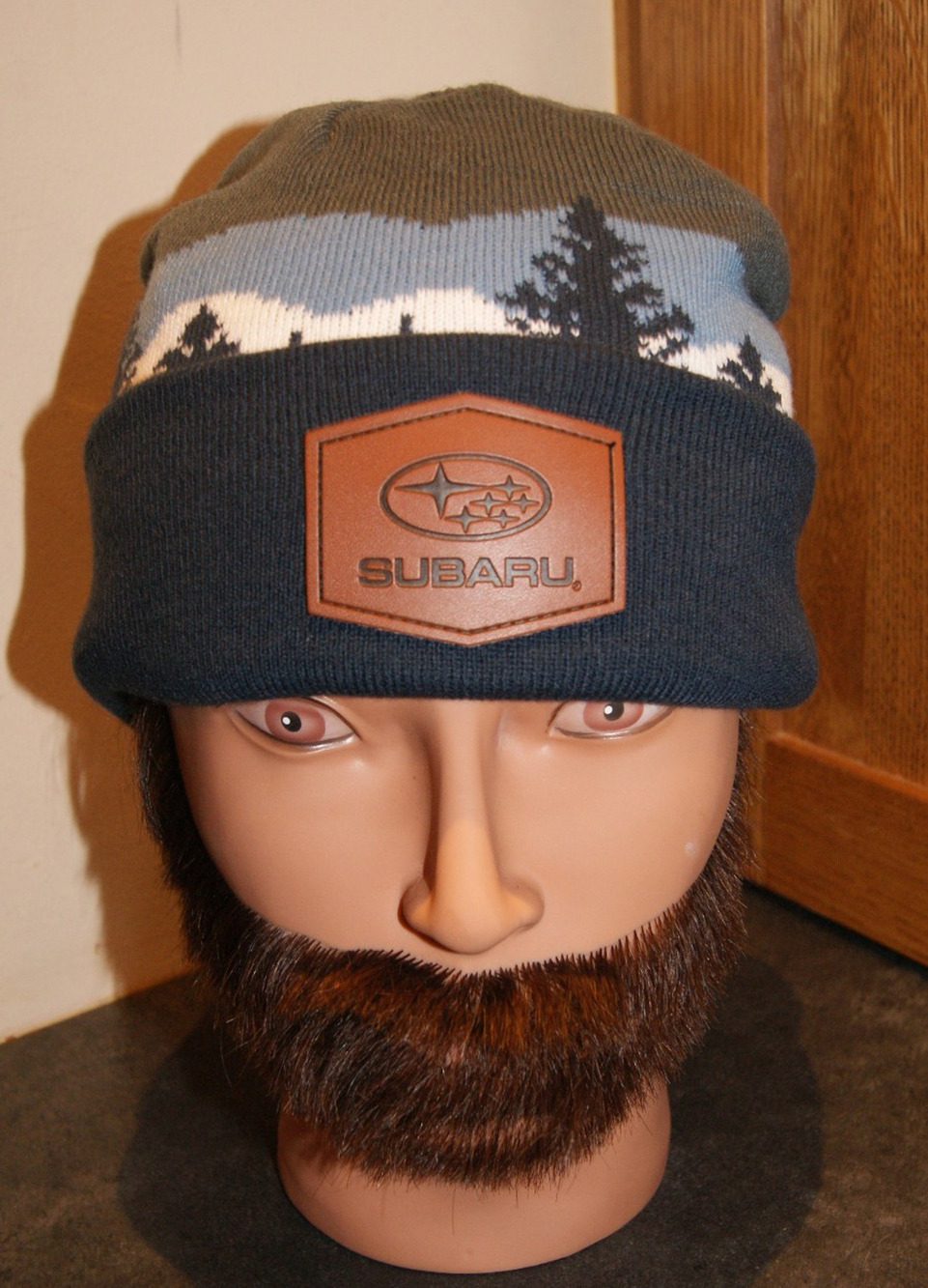Subaru Outback Cap Hat Beanie Blue Leather Patch Fair Isle Winter Trees One Size